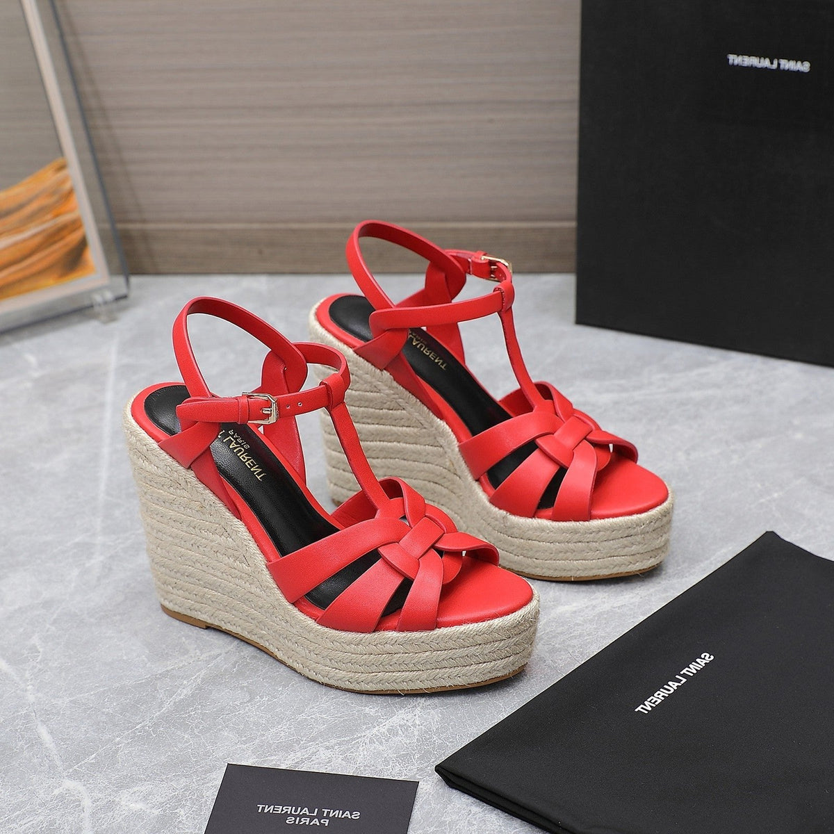 SL TRIBUTE WEDGE SANDALS TEMPERED GREY POLISHED CALFSKIN