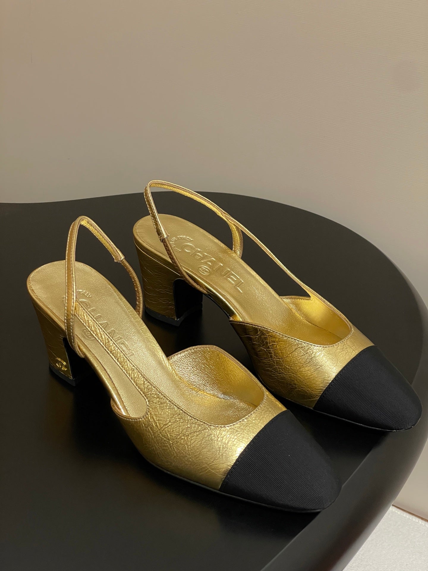 Chanel 2025 Slingback 65mm Gold Metalic Lambskin