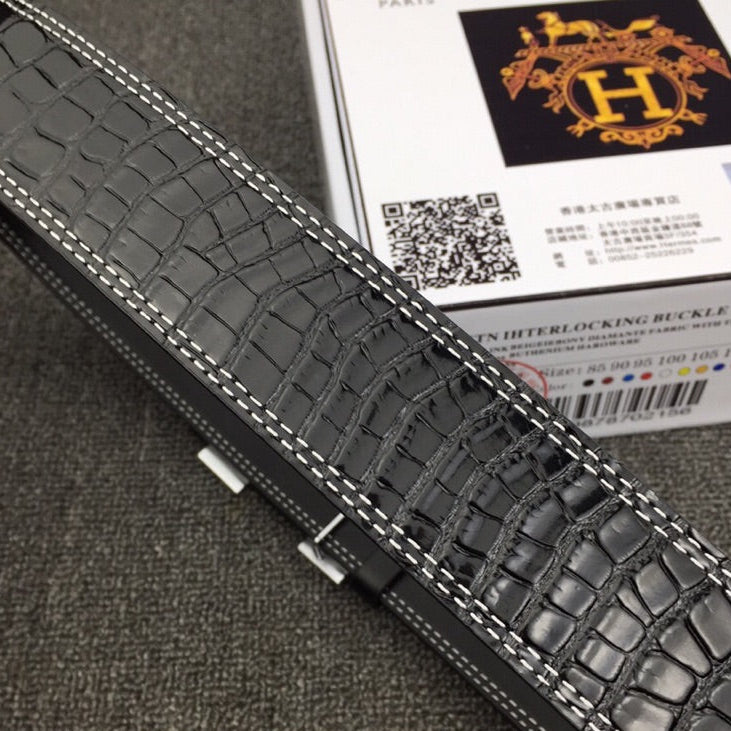 HM Belt 38mm Black Crocodile Leather Sliver Buckle 619362