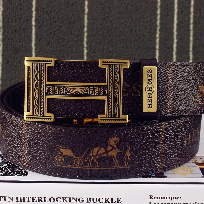 HM Double-sided Belt 38mm Black Cowhide Gold Buckle 620361