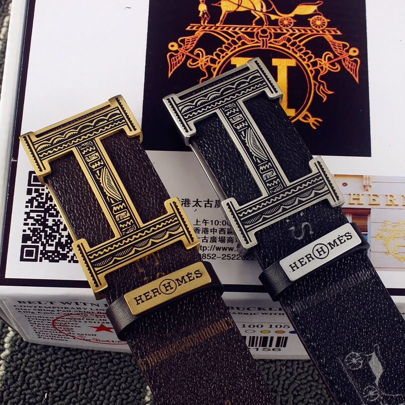 HM Double-sided Belt 38mm Black Cowhide Gold Buckle 620361