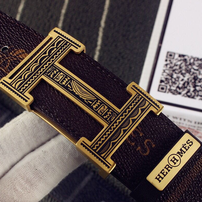 HM Double-sided Belt 38mm Black Cowhide Gold Buckle 620361