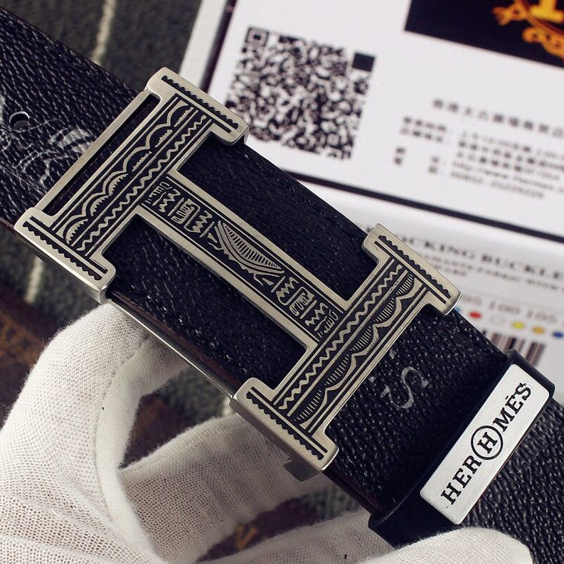 HM Double-sided Belt 38mm Black Cowhide Gold Buckle 620361