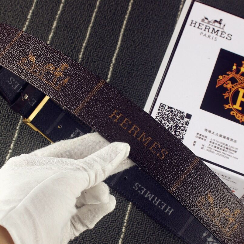 HM Double-sided Belt 38mm Black Cowhide Gold Buckle 620361