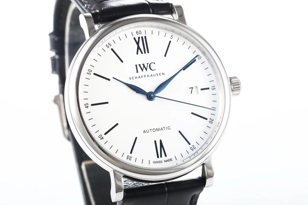IWC Portofino 40mm White Dial Blue Numerals Black Crocodile Leather