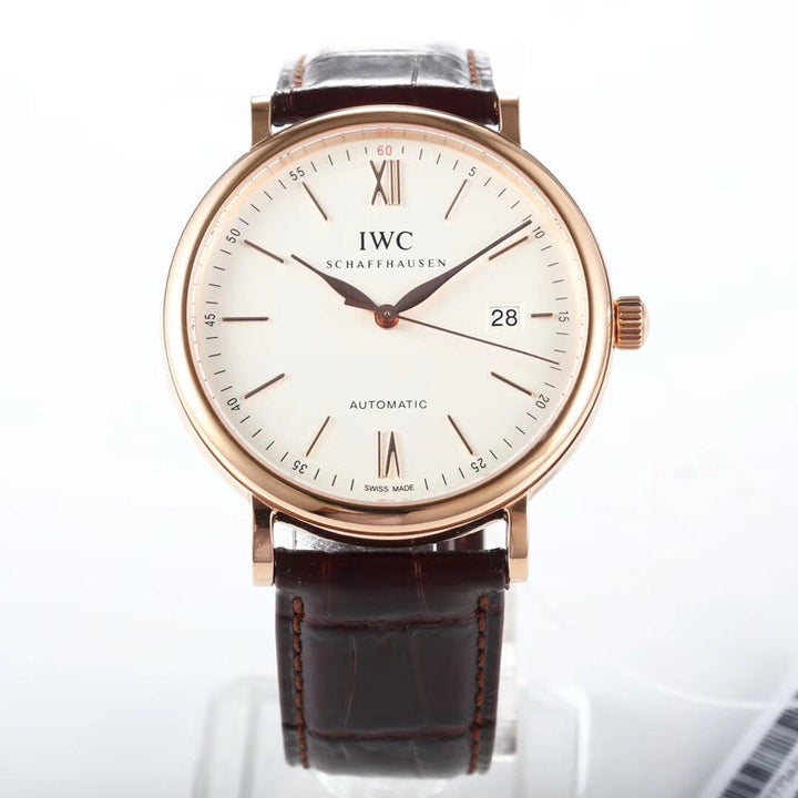 IWC Portofino 40mm White Dial Pink Gold Case Brown Crocodile Leather