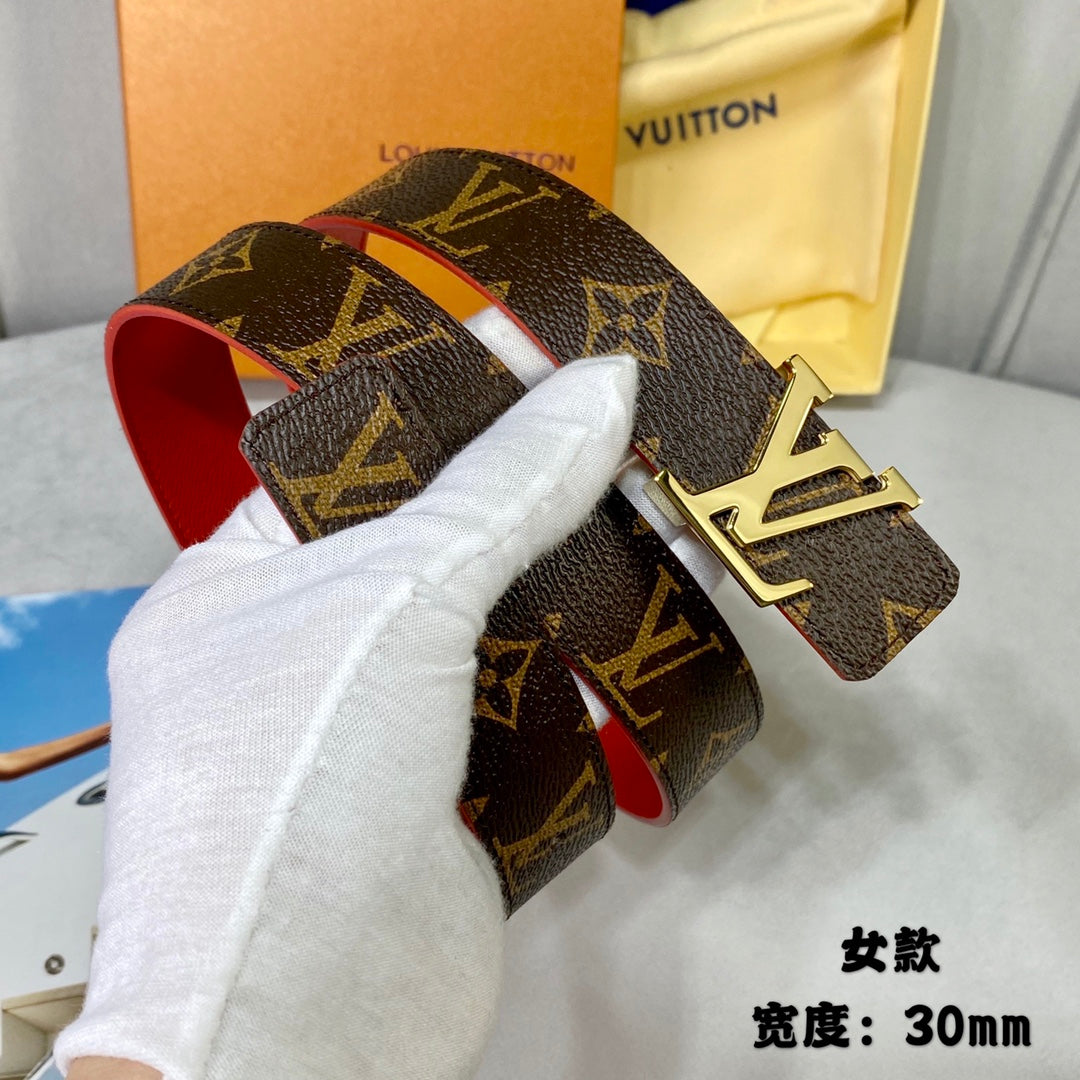 LV FLOWERGRAM 30MM REVERSIBLE BELT IN CHERRY RED CALFSKIN GOLD HARDWARE