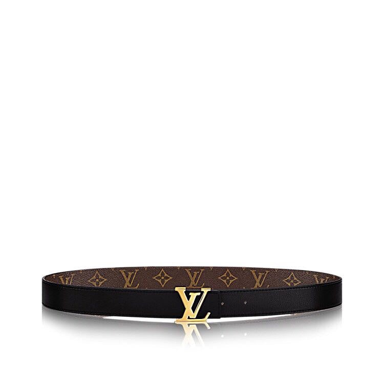 LV INITIALES 30 MM REVERSIBLE BELT IN BROWN MONOGRAM AND BLACK CALFSKIN GOLD HARDWARE