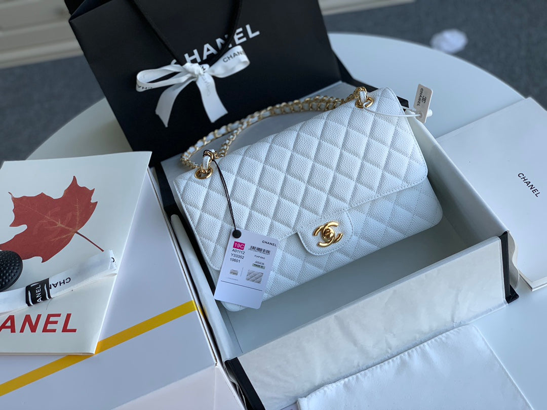 flap bag medium 25 white caviar ghw