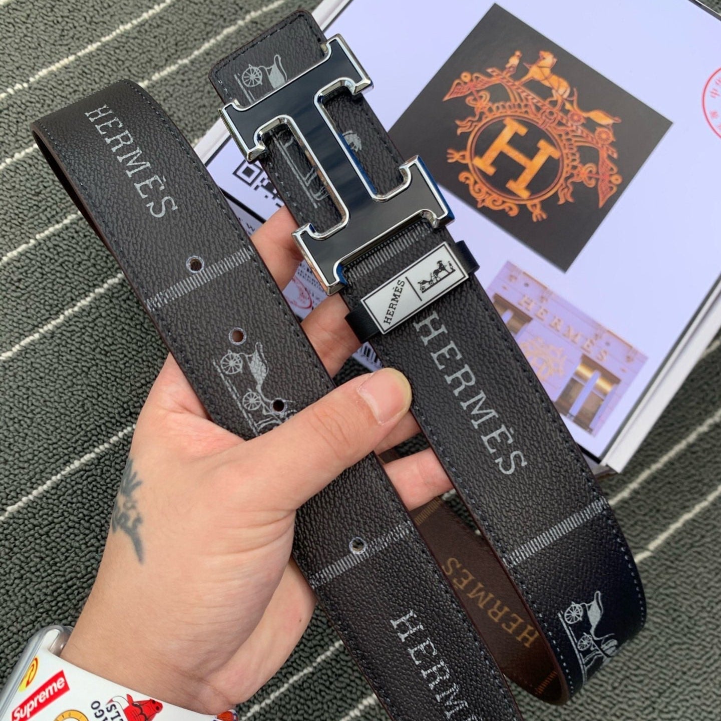 HM Belt 38mm Brown Black Cowhide Leather Black Sliver Buckle 619093