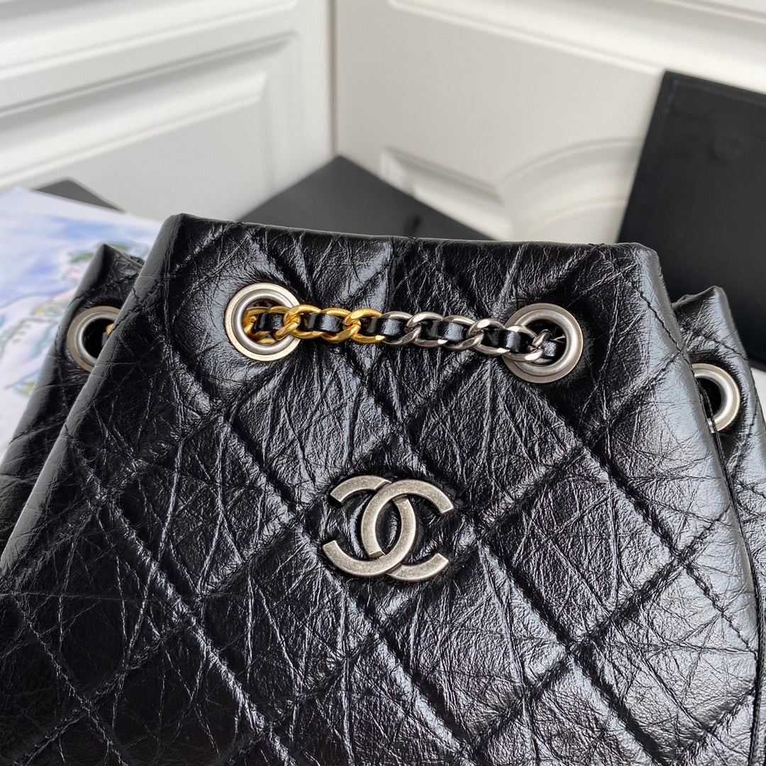 Chanel 2025 Aged Quilted Gabrielle Backpack 24cm Black Calfskin 534712