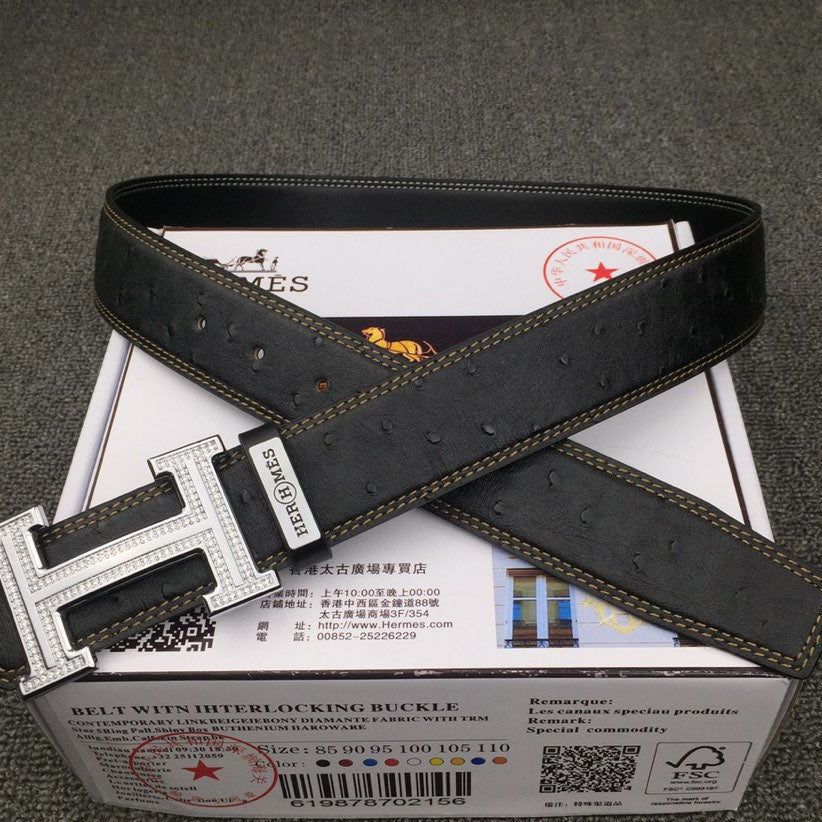 HM Belt 38mm Black Cowhide Leather Sliver Diamond Buckle 619512