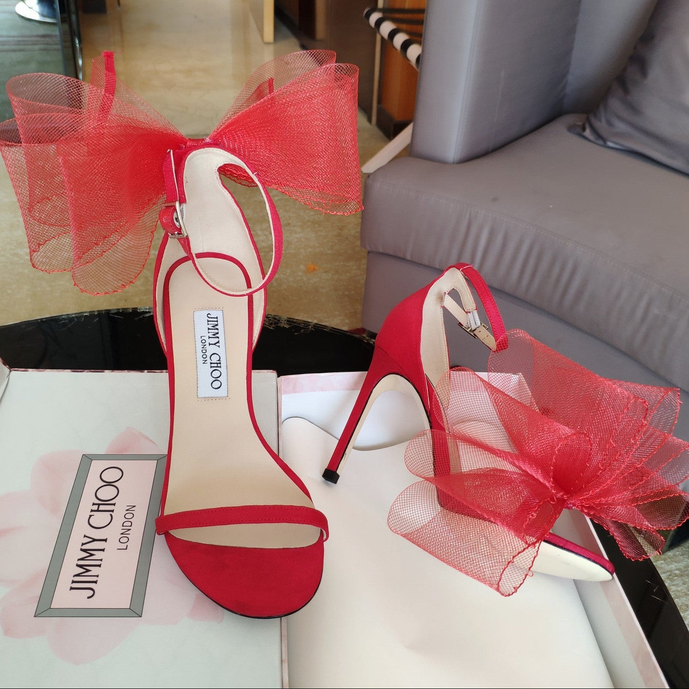 Jimmy Choo Sandal Red Mesh Cowhide 966998