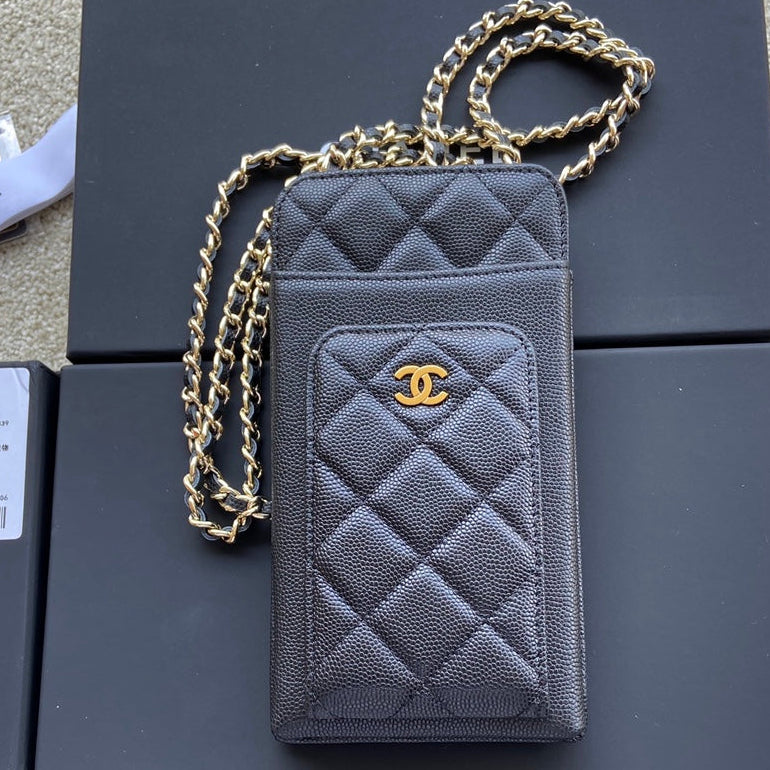 Chanel 2026 Phone Holder Crossbody Bag Black Caviar Leather