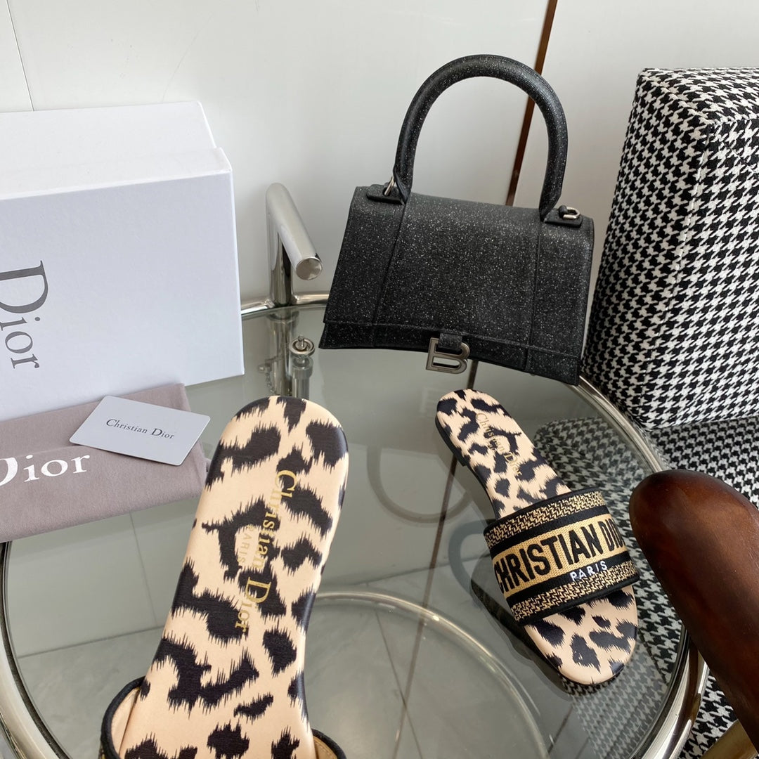 Dior 2026 Leopard Print Slipper Beige Black Cotton Cowhide 366219