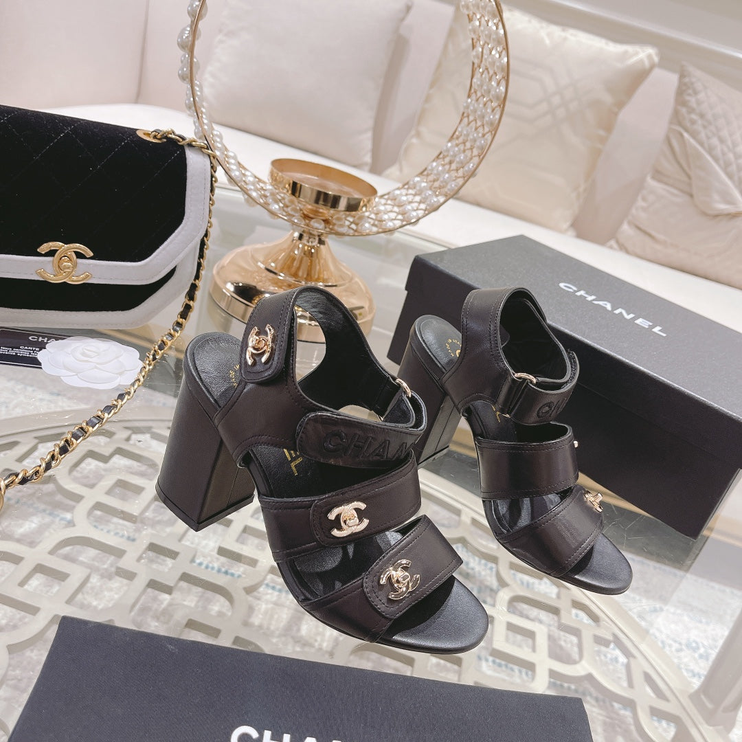 CC 25C Three Strap Sandal High Heel Black Sheepskin 213350