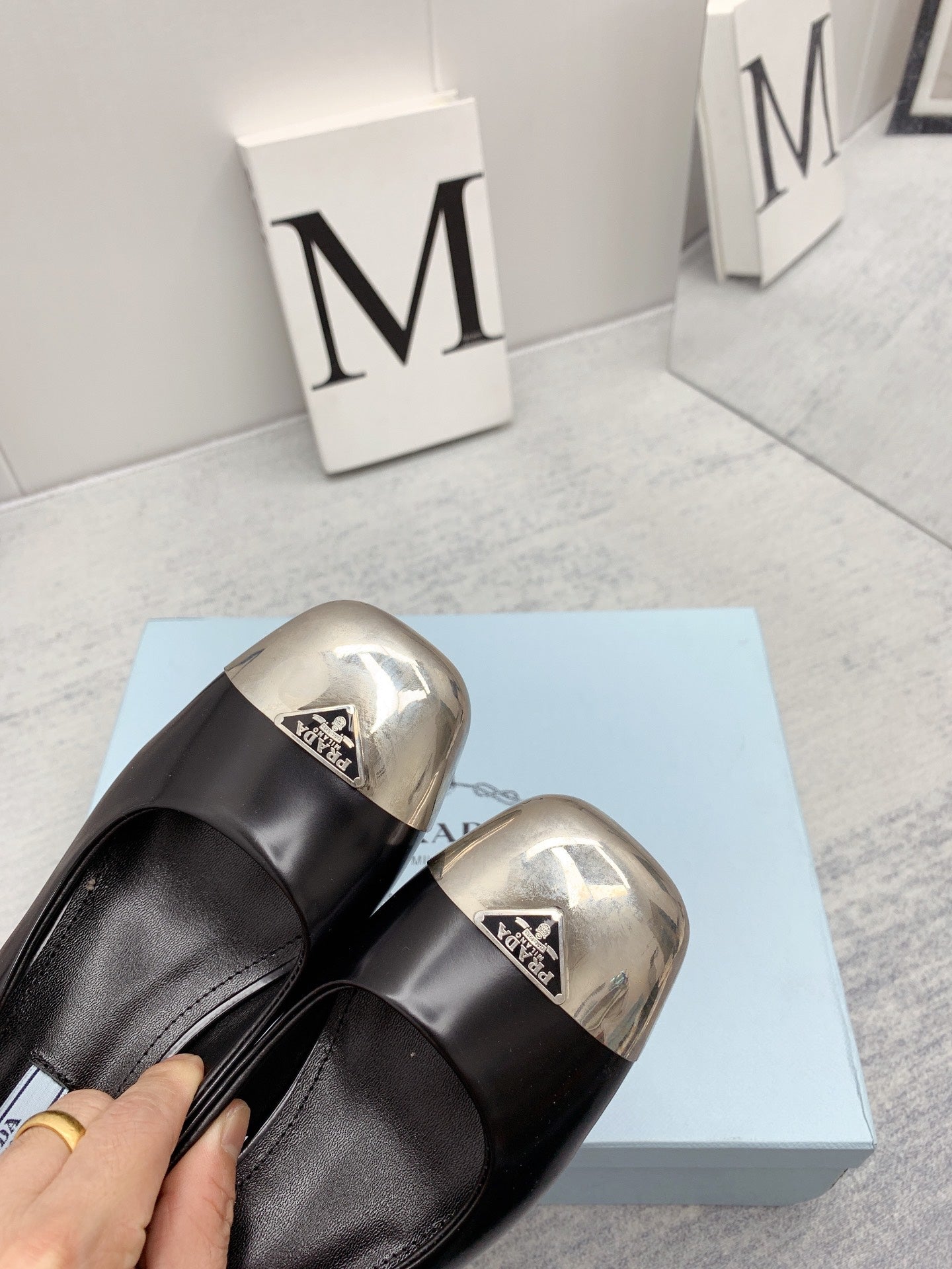 Prada 2026 Mary Jane Sandals 55 Black Metallic Silver Sheepskin 731165