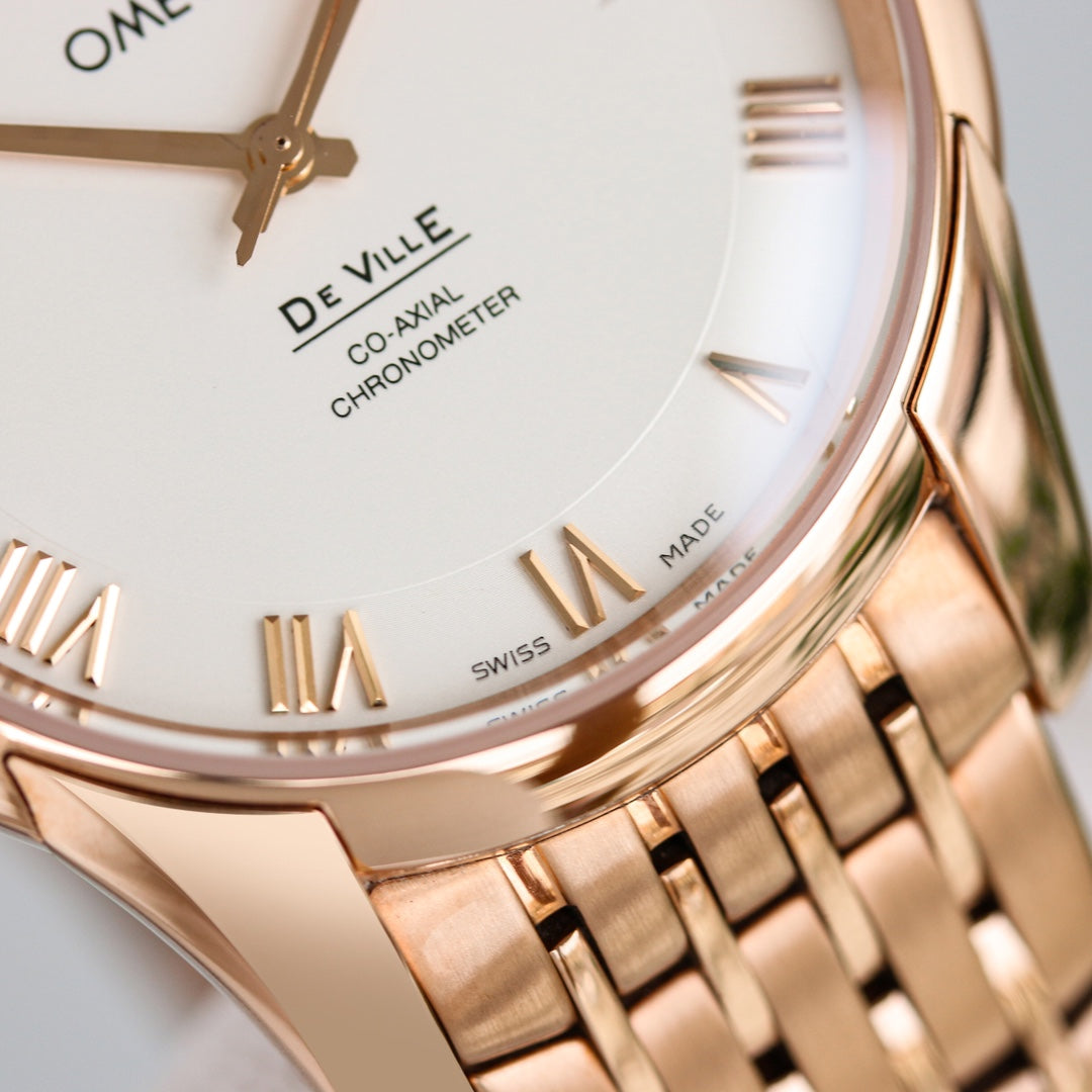 Omega De Ville Co-Axial Chronometer 41mm Watch White Dial Rose Gold Strap