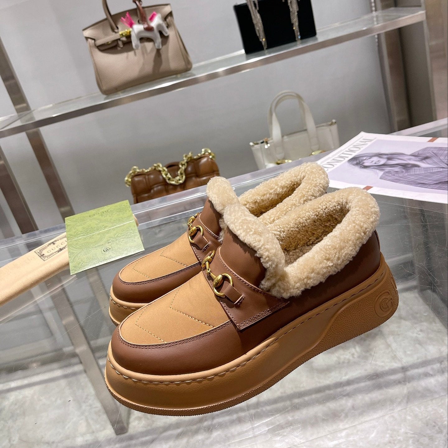 GG Snow Boots Brown Beige Calfskin Wool 576244