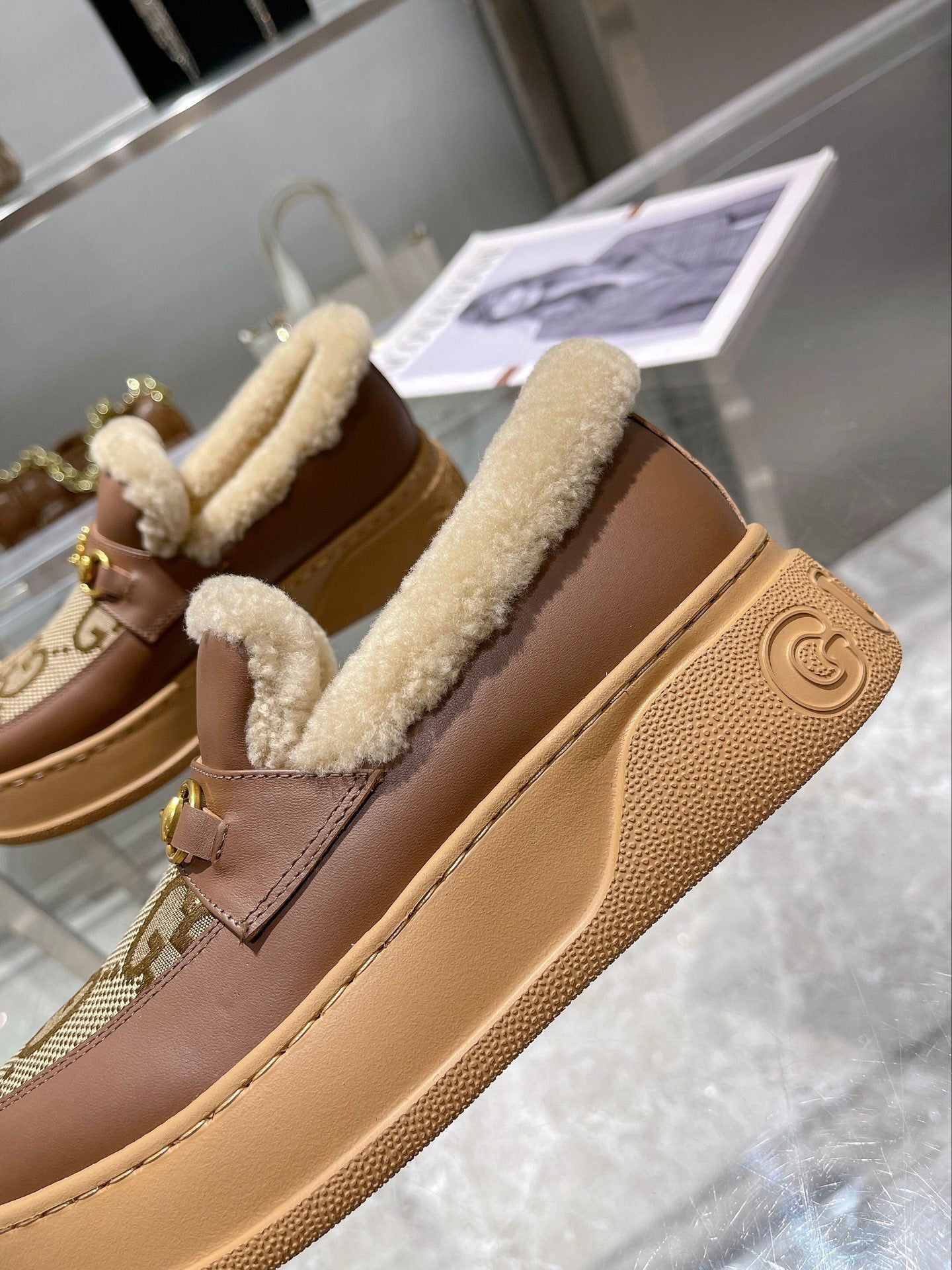 GG Snow Boots Brown Calfskin Denim Wool 576247