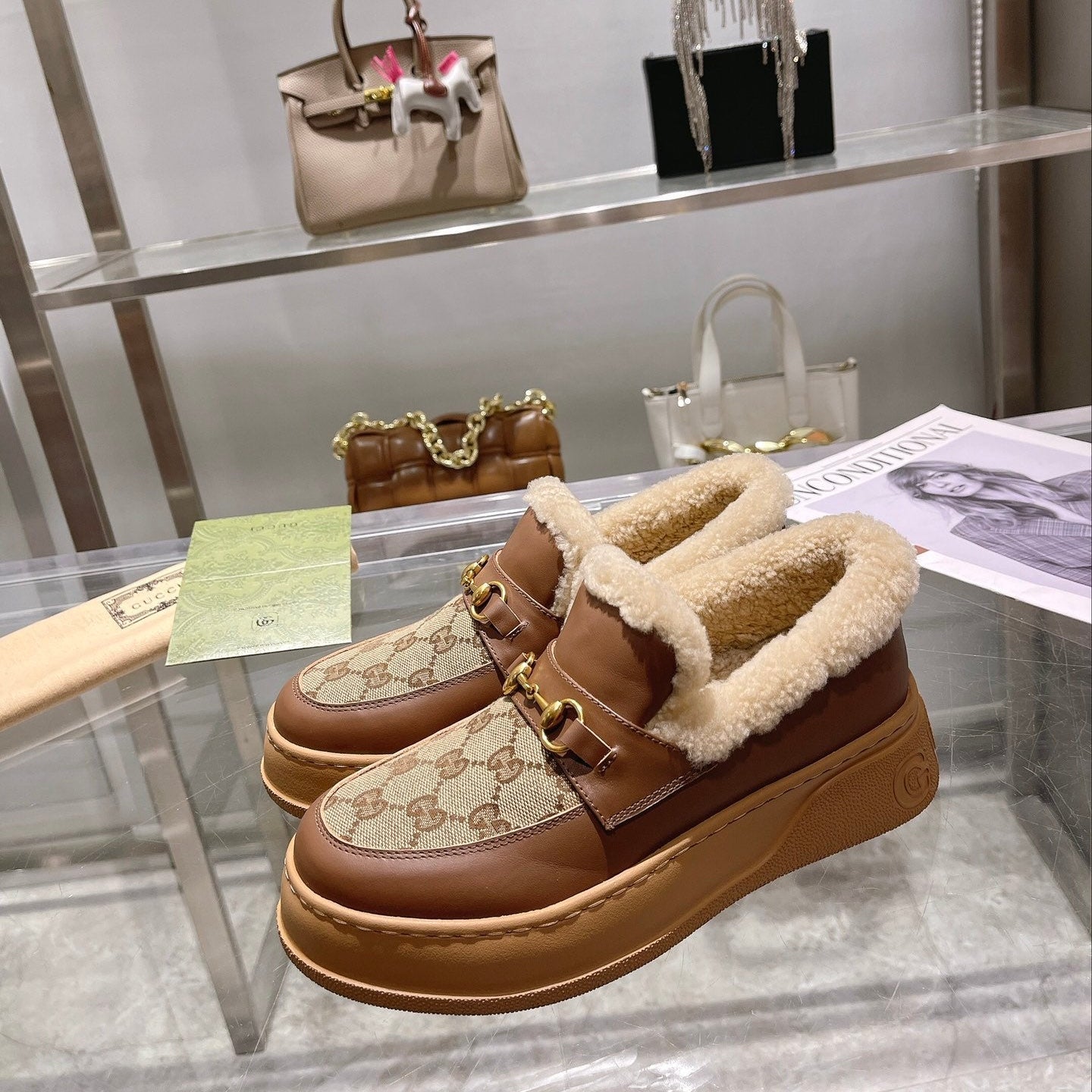 GG Snow Boots Brown Calfskin Denim Wool 576249