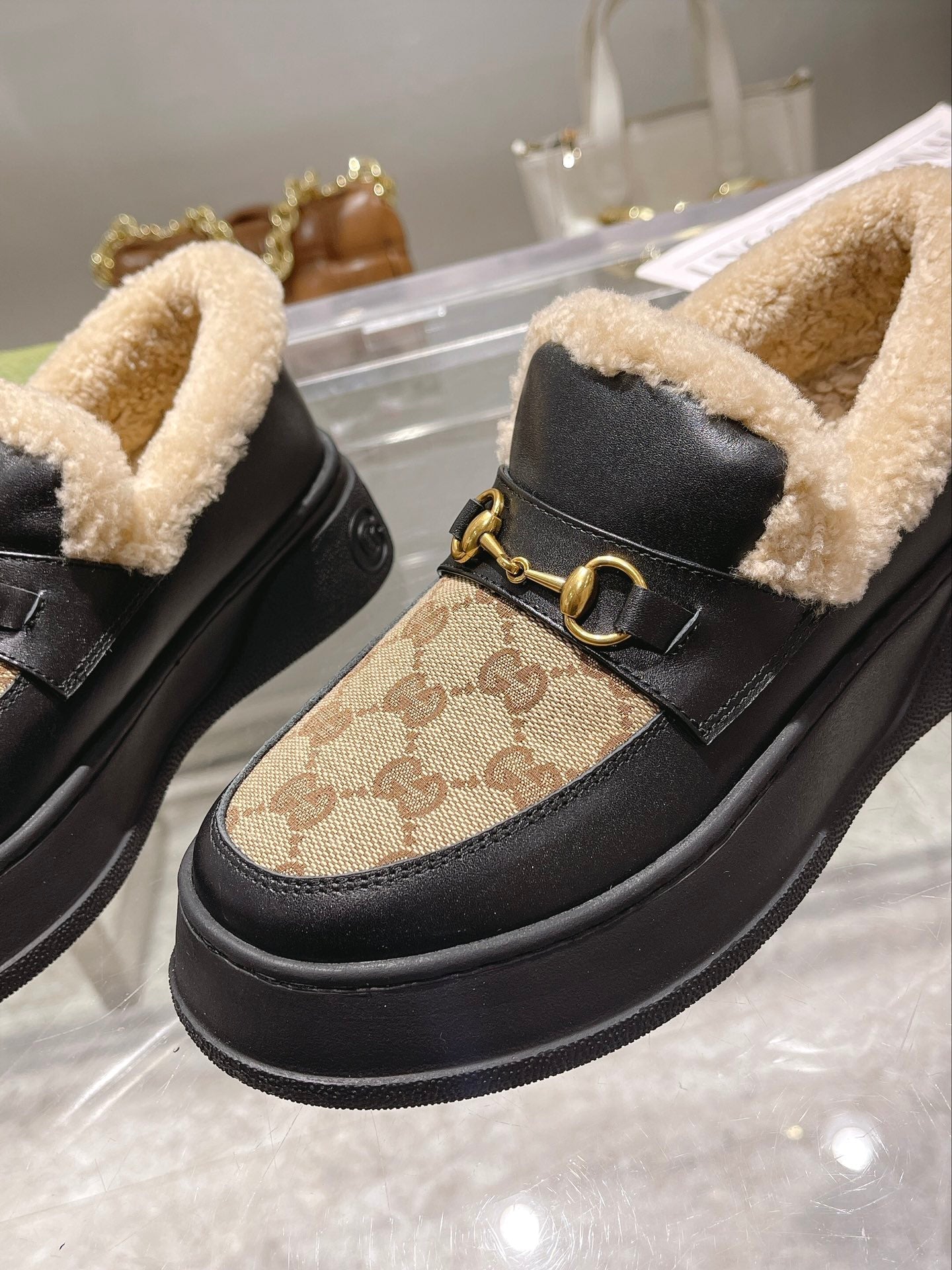 GG Snow Boots Black Beige Calfskin Denim Wool 576250