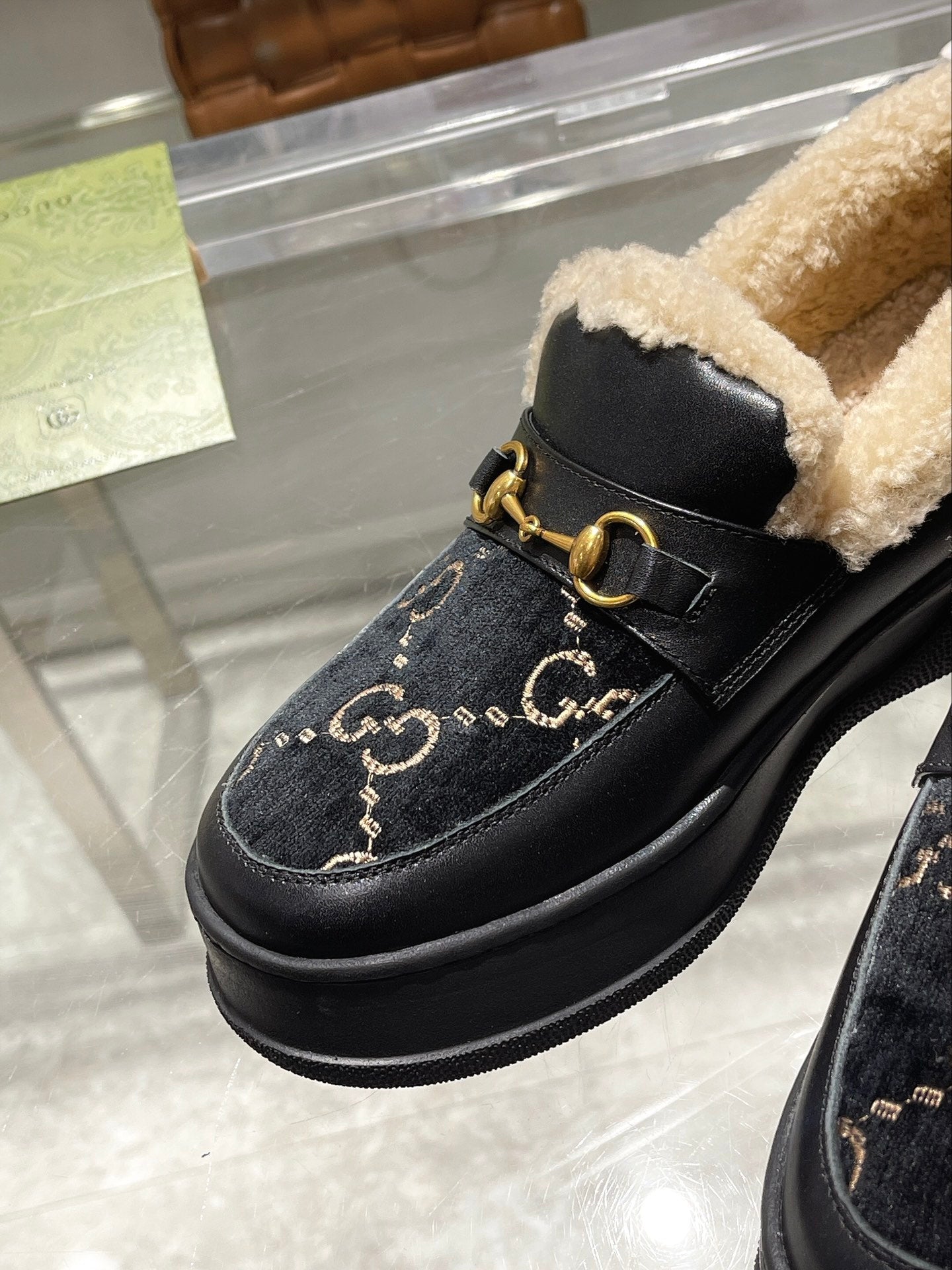 GG Snow Boots Black  Calfskin Suede Wool 576251