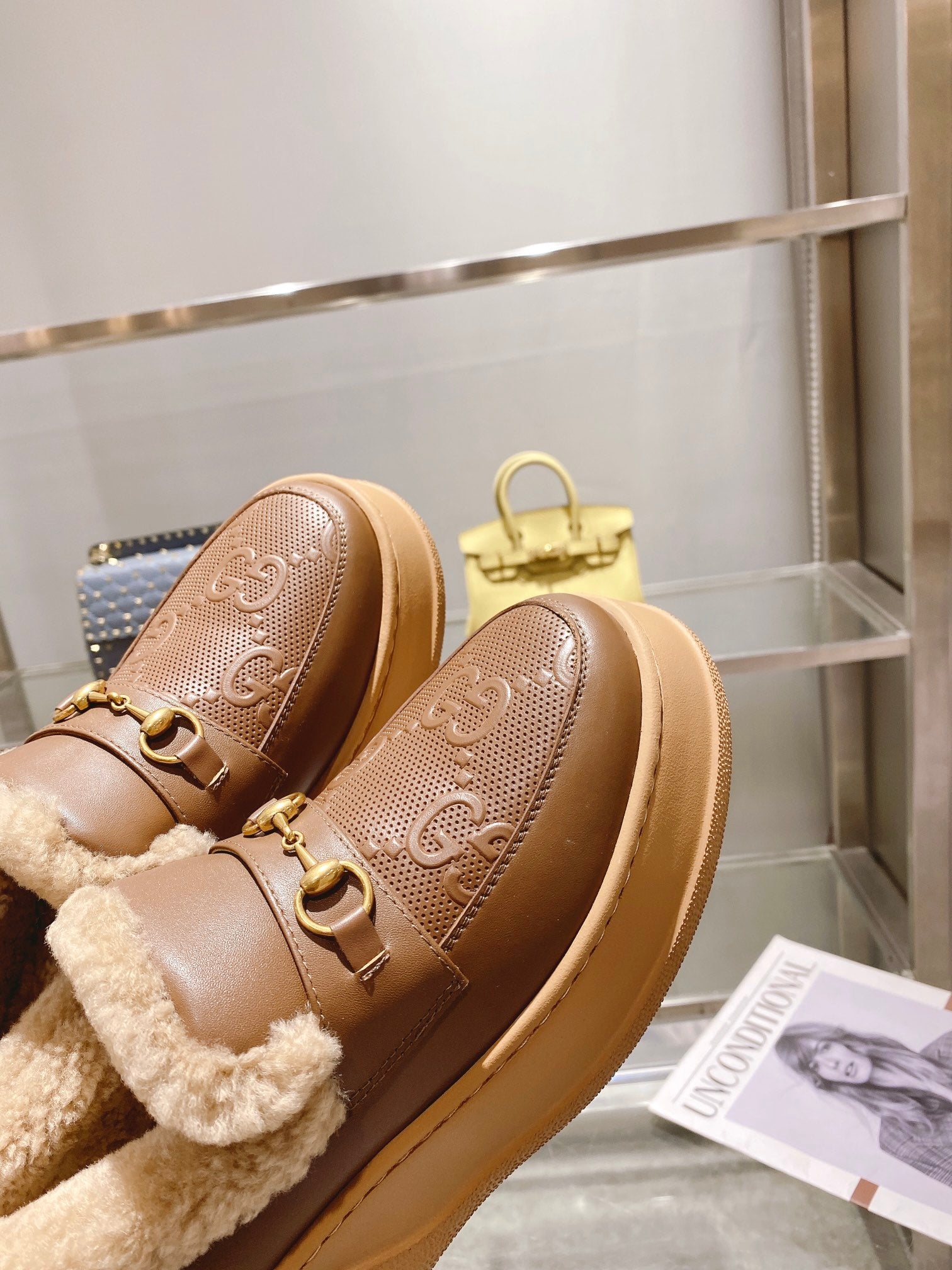 GG Snow Boots Brown Calfskin Wool 576240