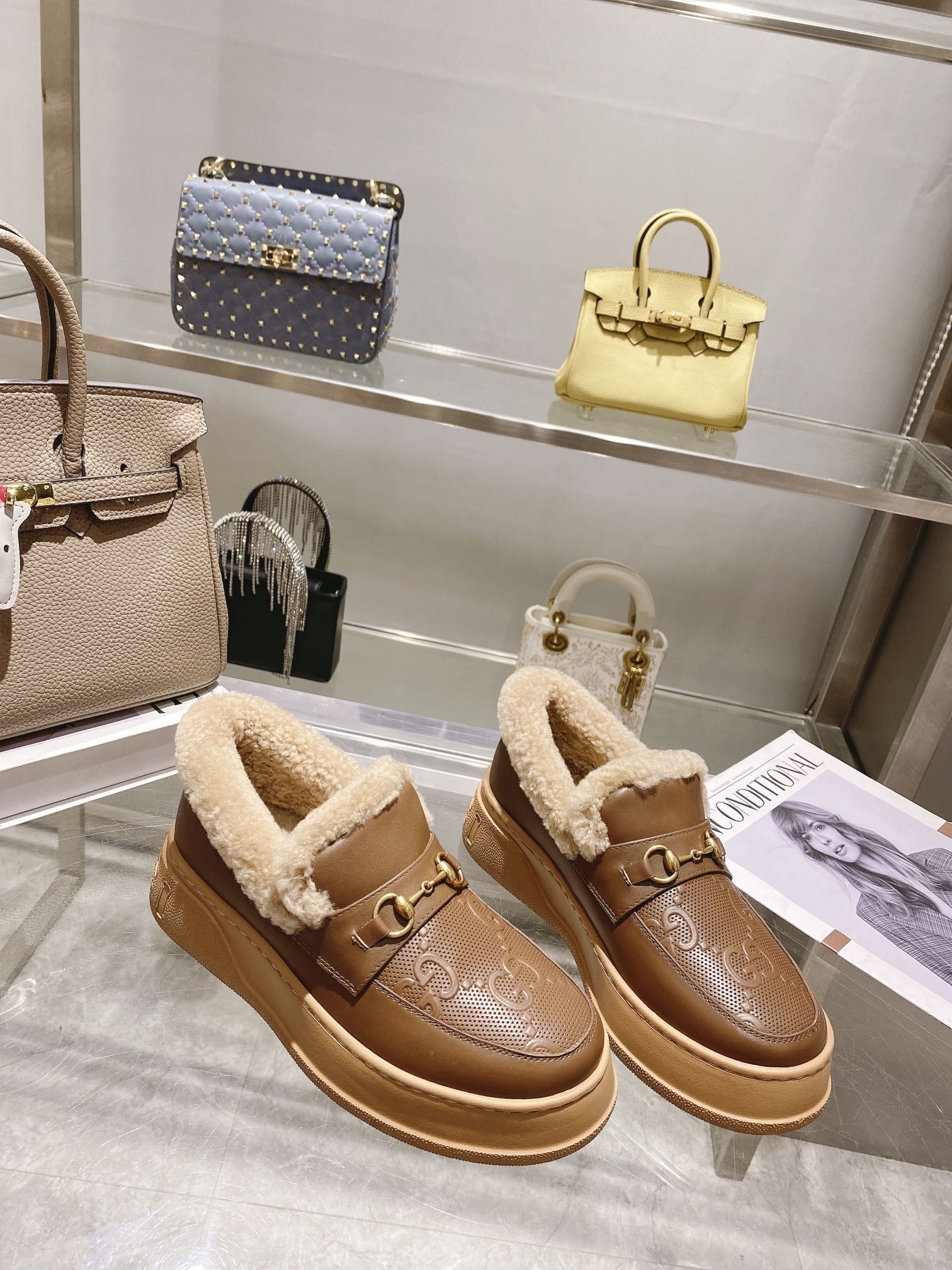 GG Snow Boots Brown Calfskin Wool 576240