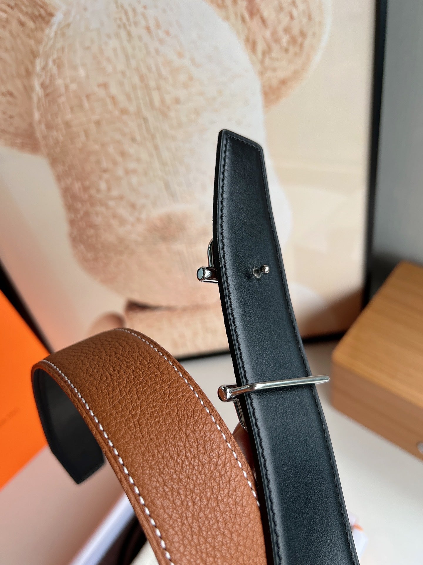 HM ROYAL BELT BUCKLE & REVERSIBLE NOIR AND CIDER ORANGE LEATHER STRAP 32 MM SILVER HARDWARE