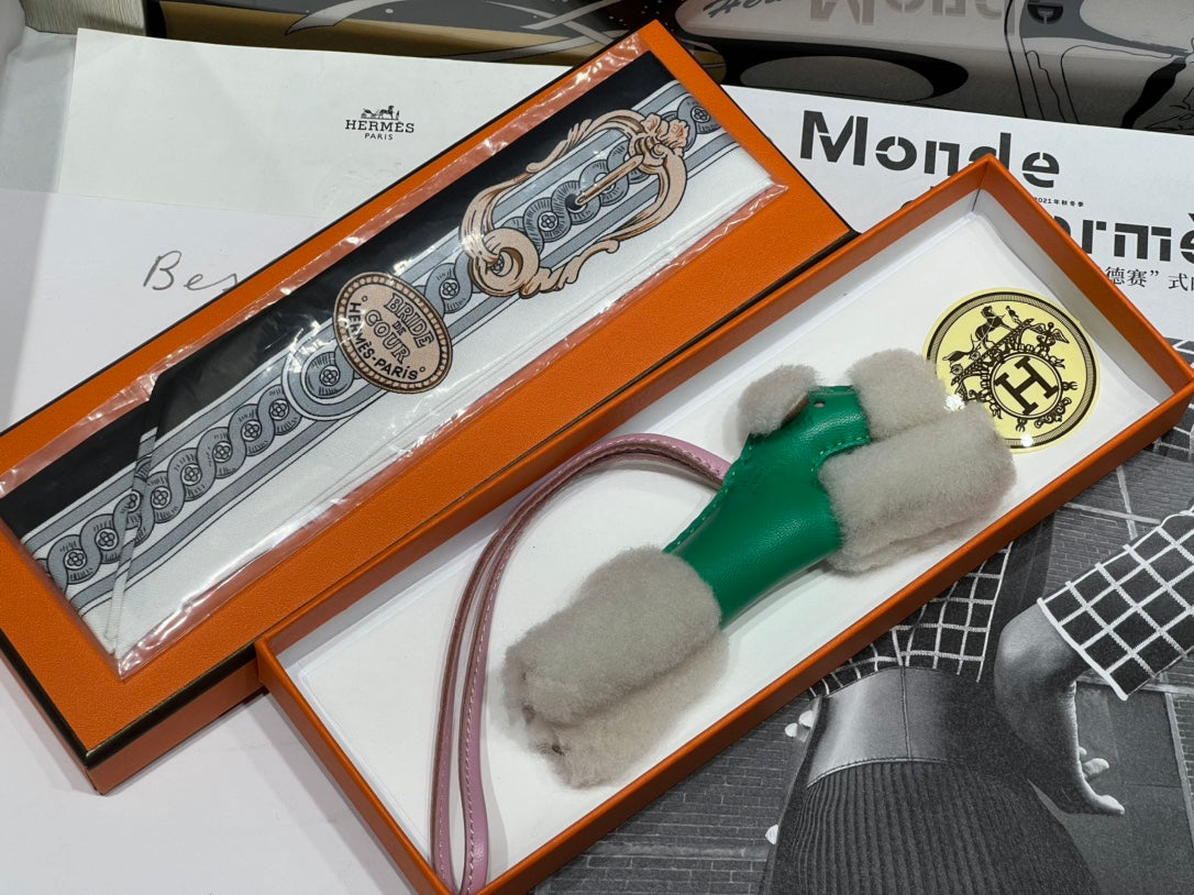 HM Budy Puppy Pendant Charm Green White Wool Cowhide