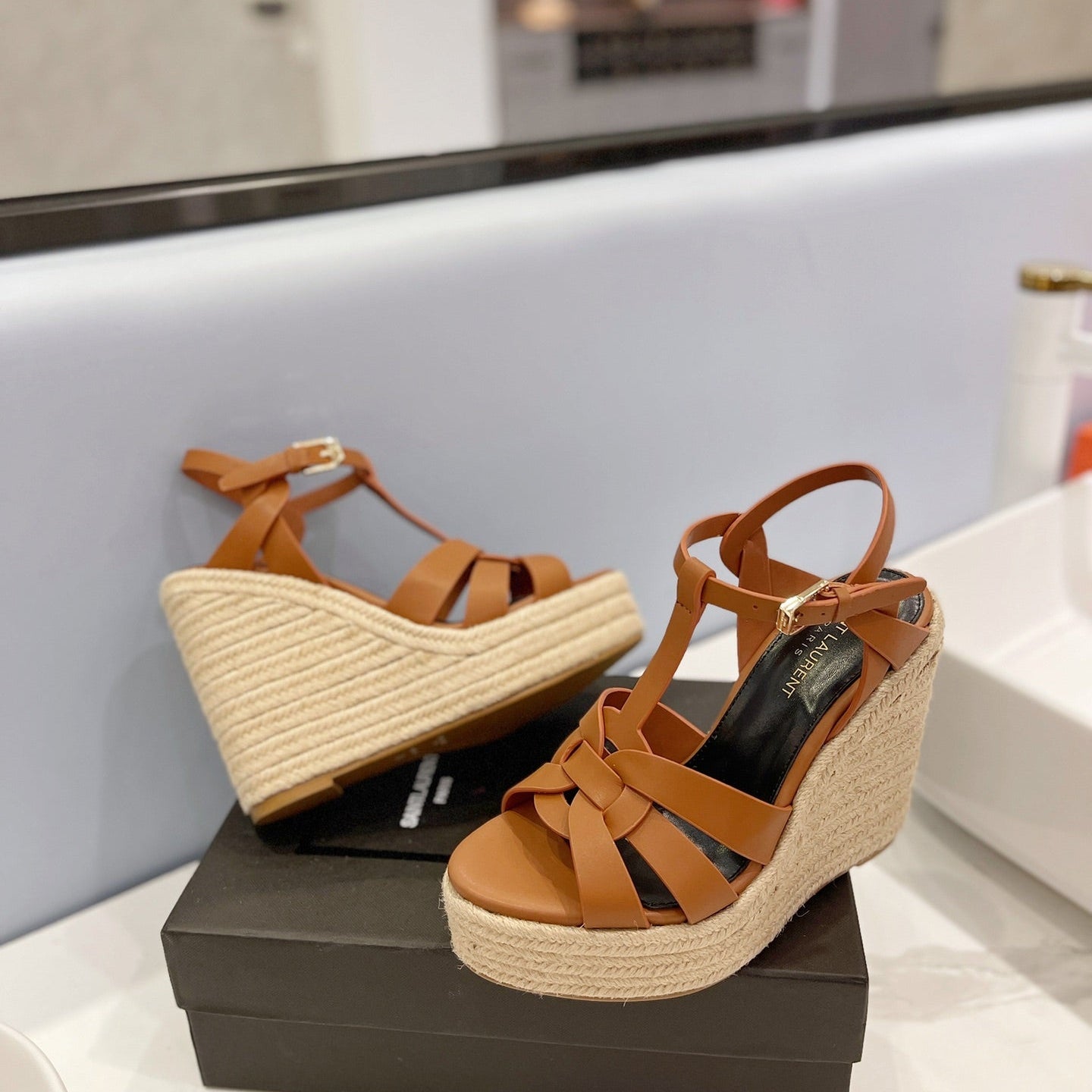 Saint Laurent 2026 Strap Buckle-detail Espadrilles Brown Leather