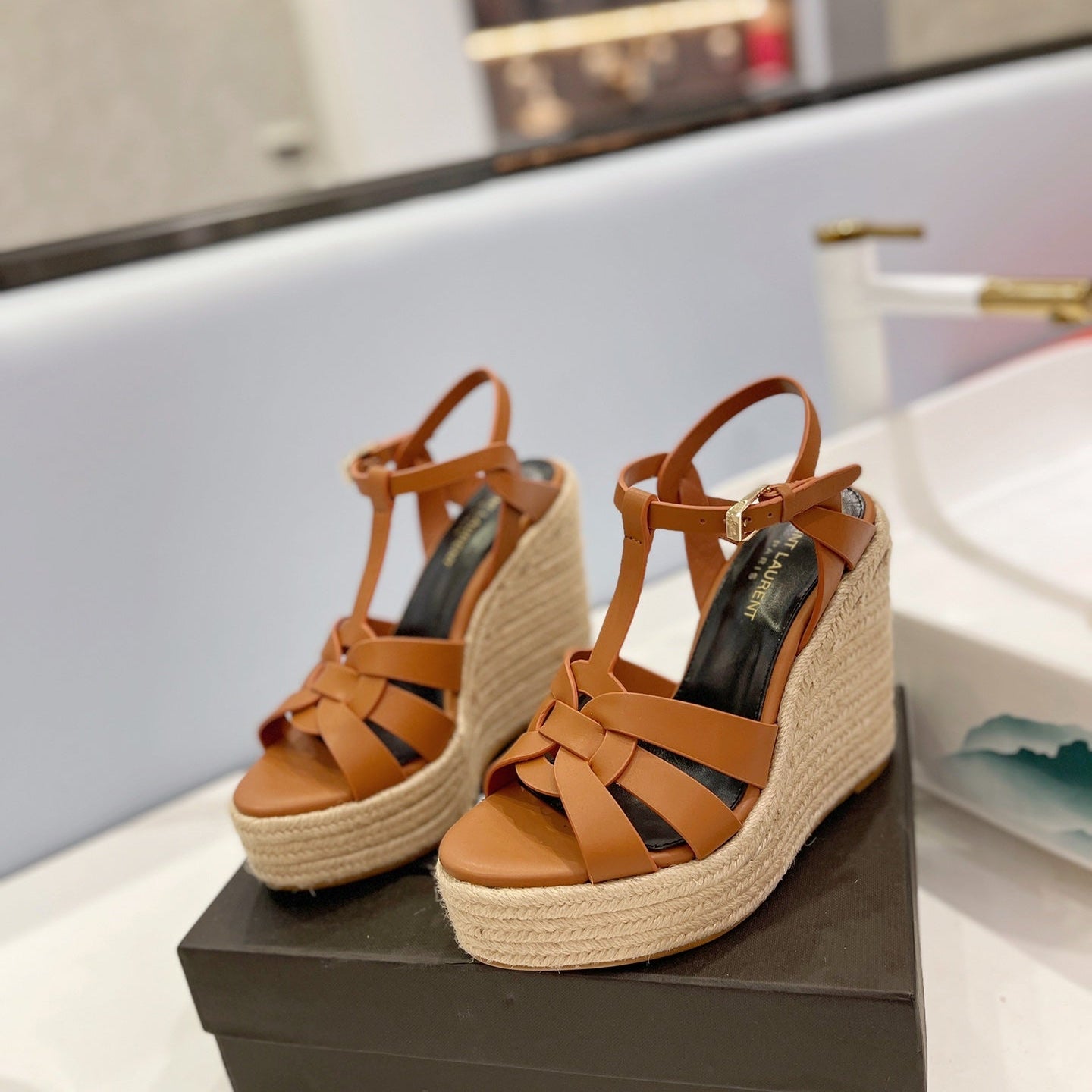 Saint Laurent 2026 Strap Buckle-detail Espadrilles Brown Leather