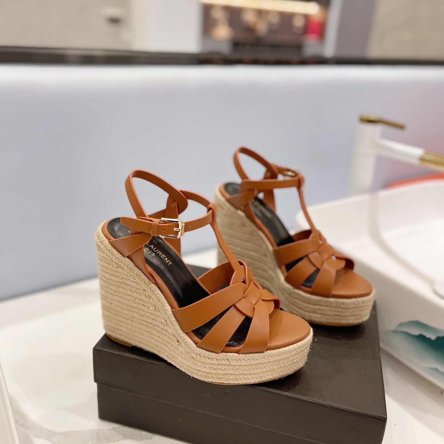 Saint Laurent 2026 Strap Buckle-detail Espadrilles Brown Leather