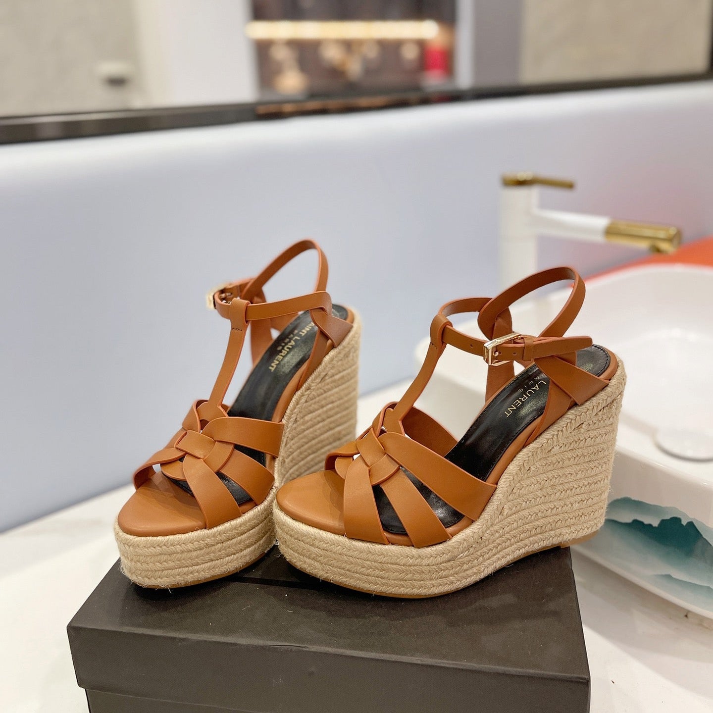 Saint Laurent 2026 Strap Buckle-detail Espadrilles Brown Leather