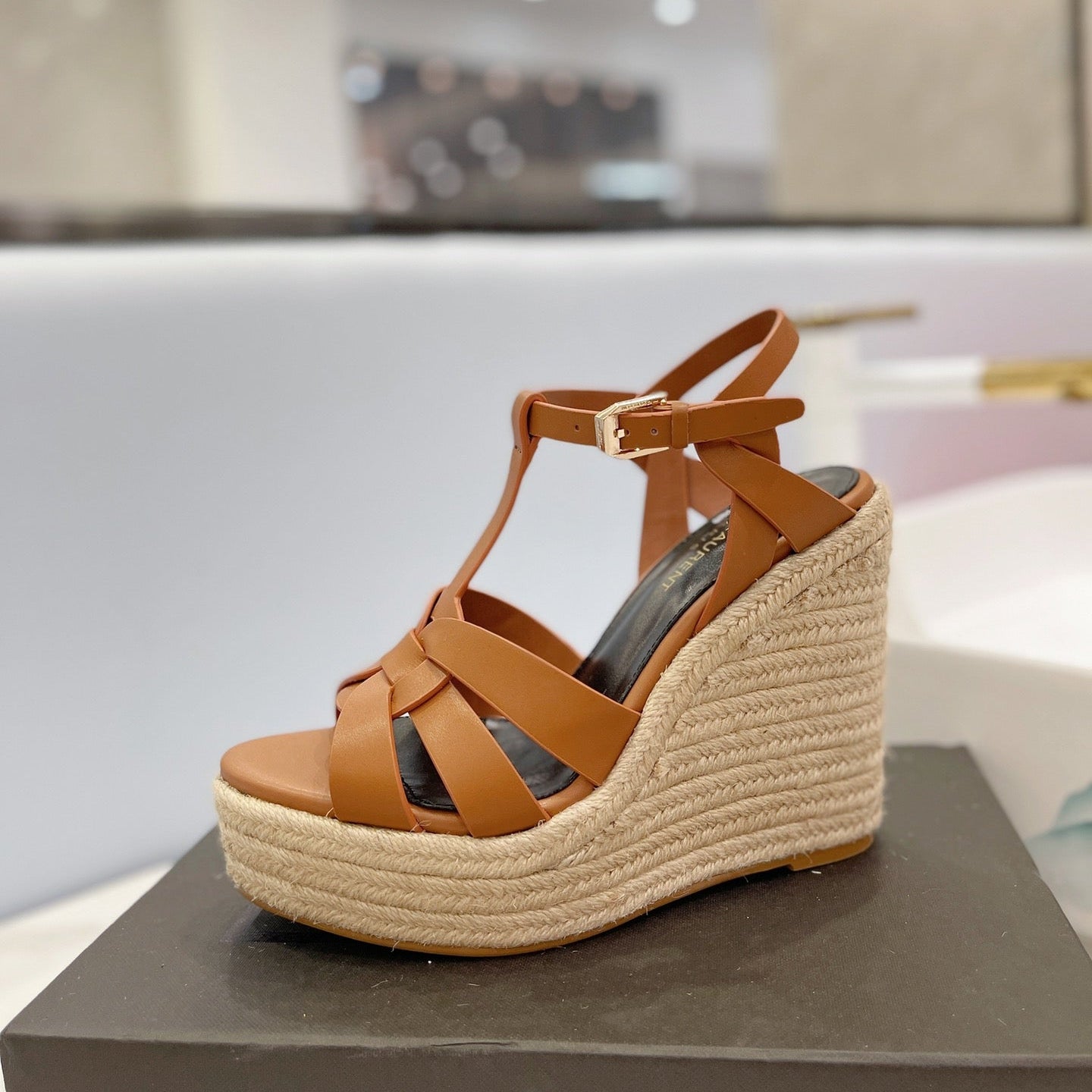 Saint Laurent 2026 Strap Buckle-detail Espadrilles Brown Leather