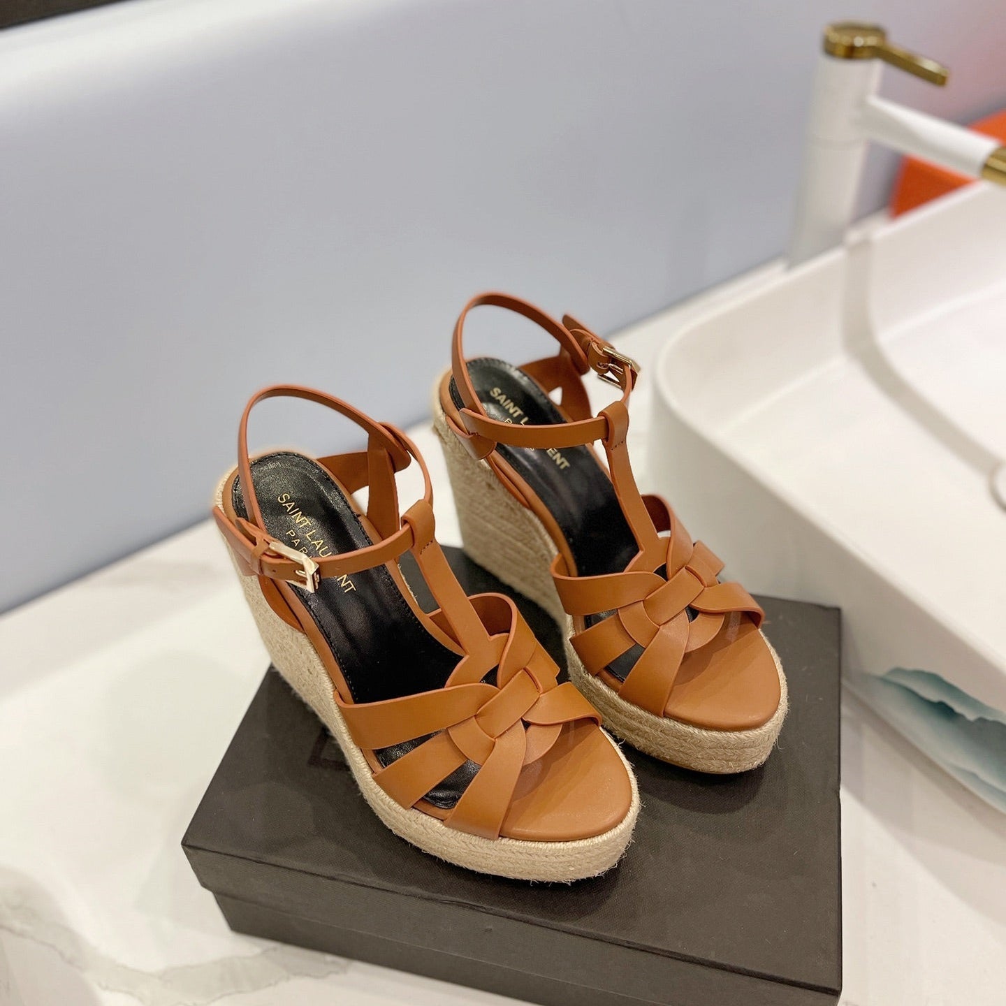 Saint Laurent 2026 Strap Buckle-detail Espadrilles Brown Leather