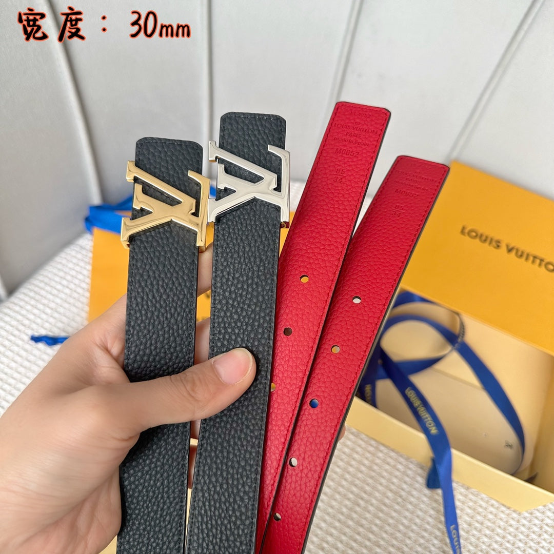 LV 30 MM BELTS IN BLACK AND CHERRY RED CALFSKIN SILVER HARDWARE