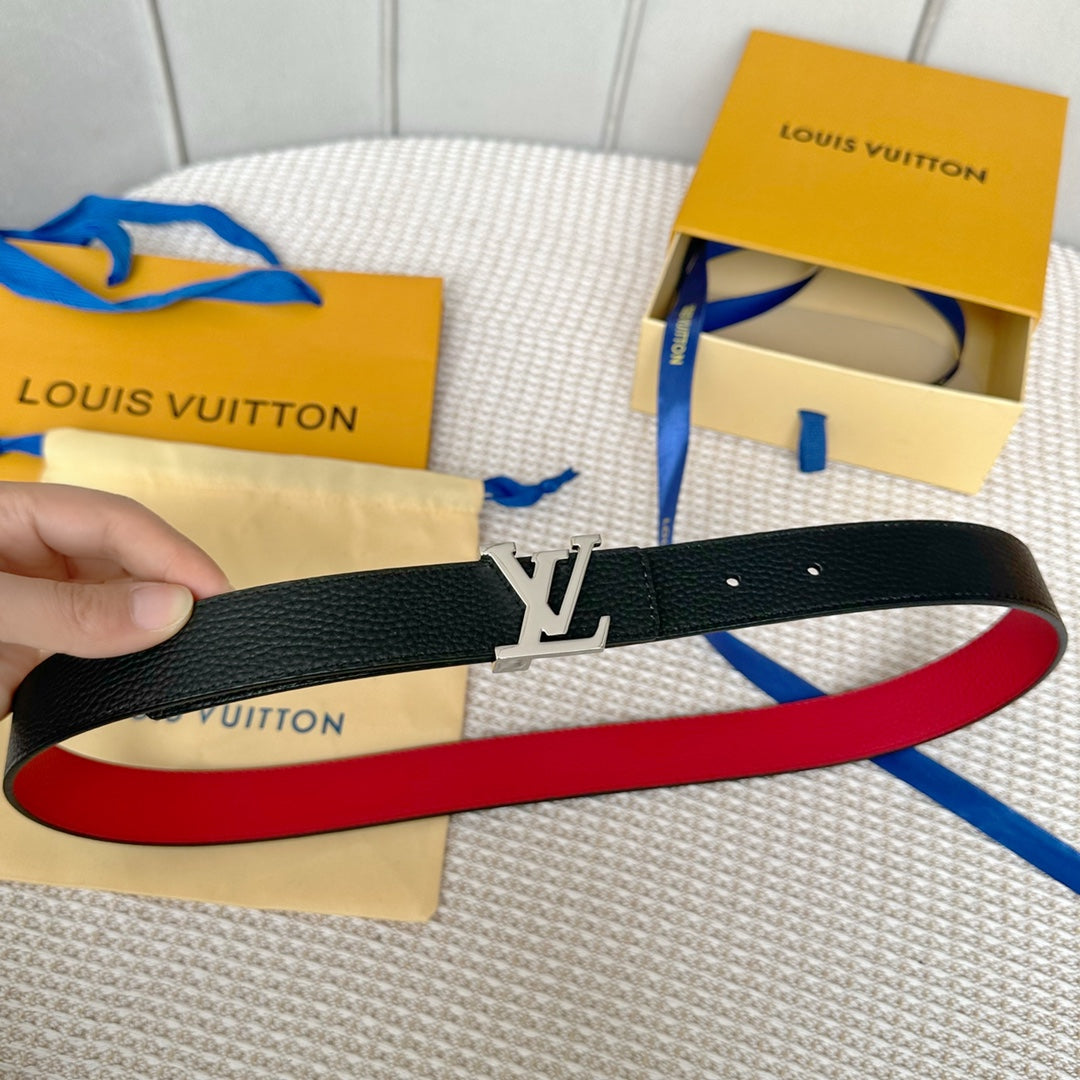 LV 30 MM BELTS IN BLACK AND CHERRY RED CALFSKIN SILVER HARDWARE