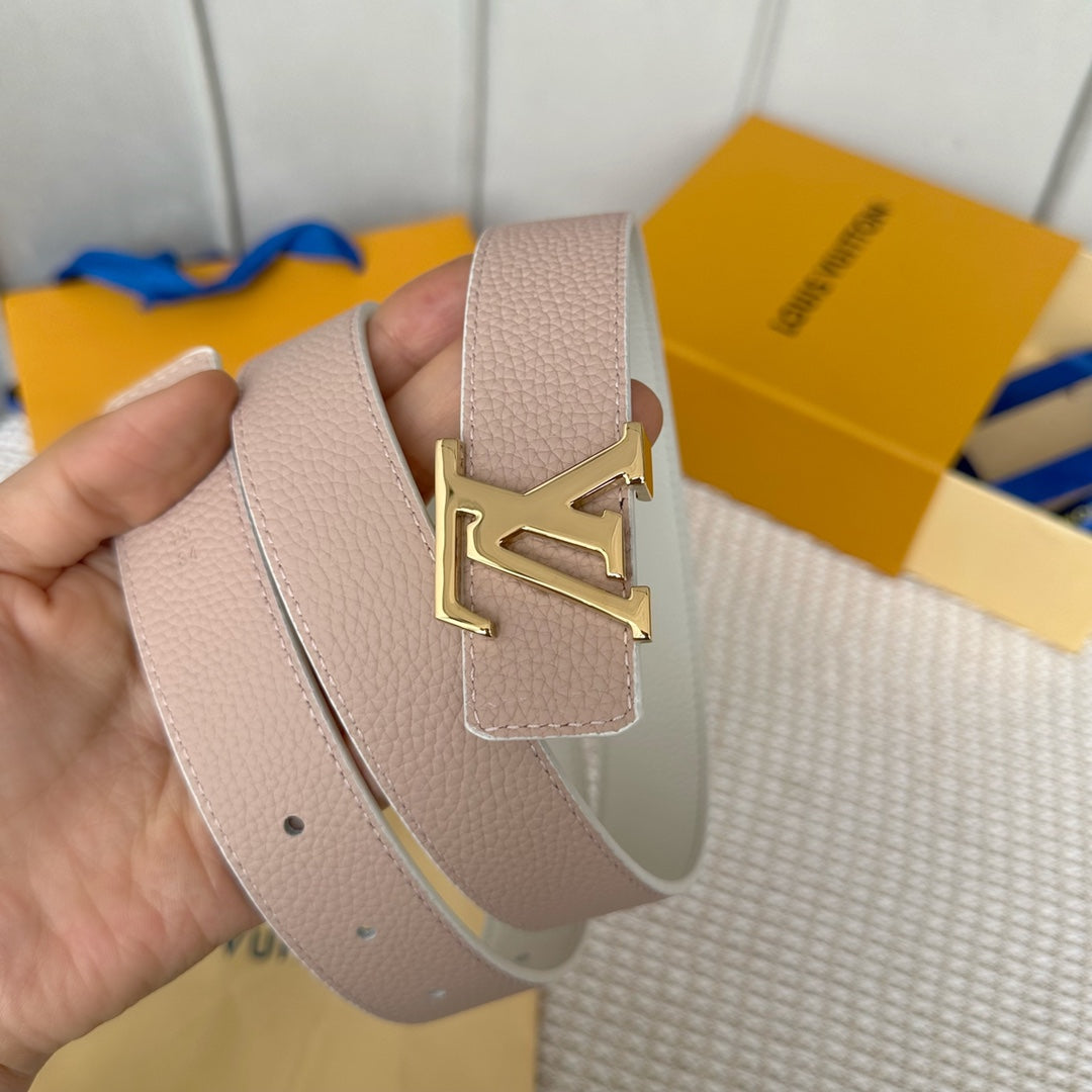 LV Initiales 30mm Reversible Belt Gold Buckle Pink White Leather