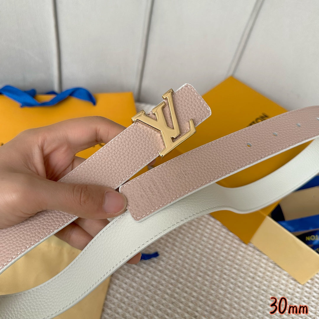 LV Initiales 30mm Reversible Belt Gold Buckle Pink White Leather