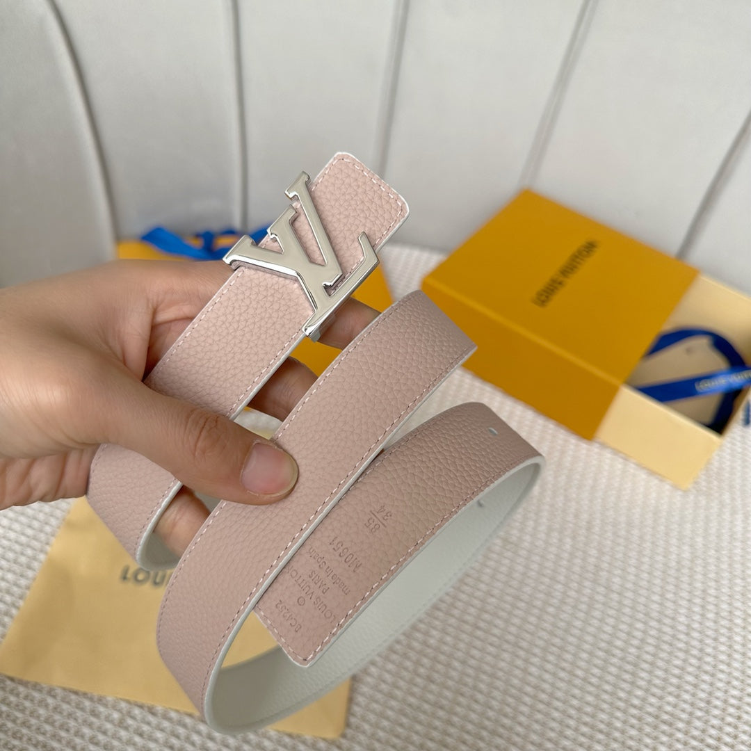 LV 30 MM BELTS IN WHITE AND PINK PASTEL CALFSKIN SILVER HARDWARE