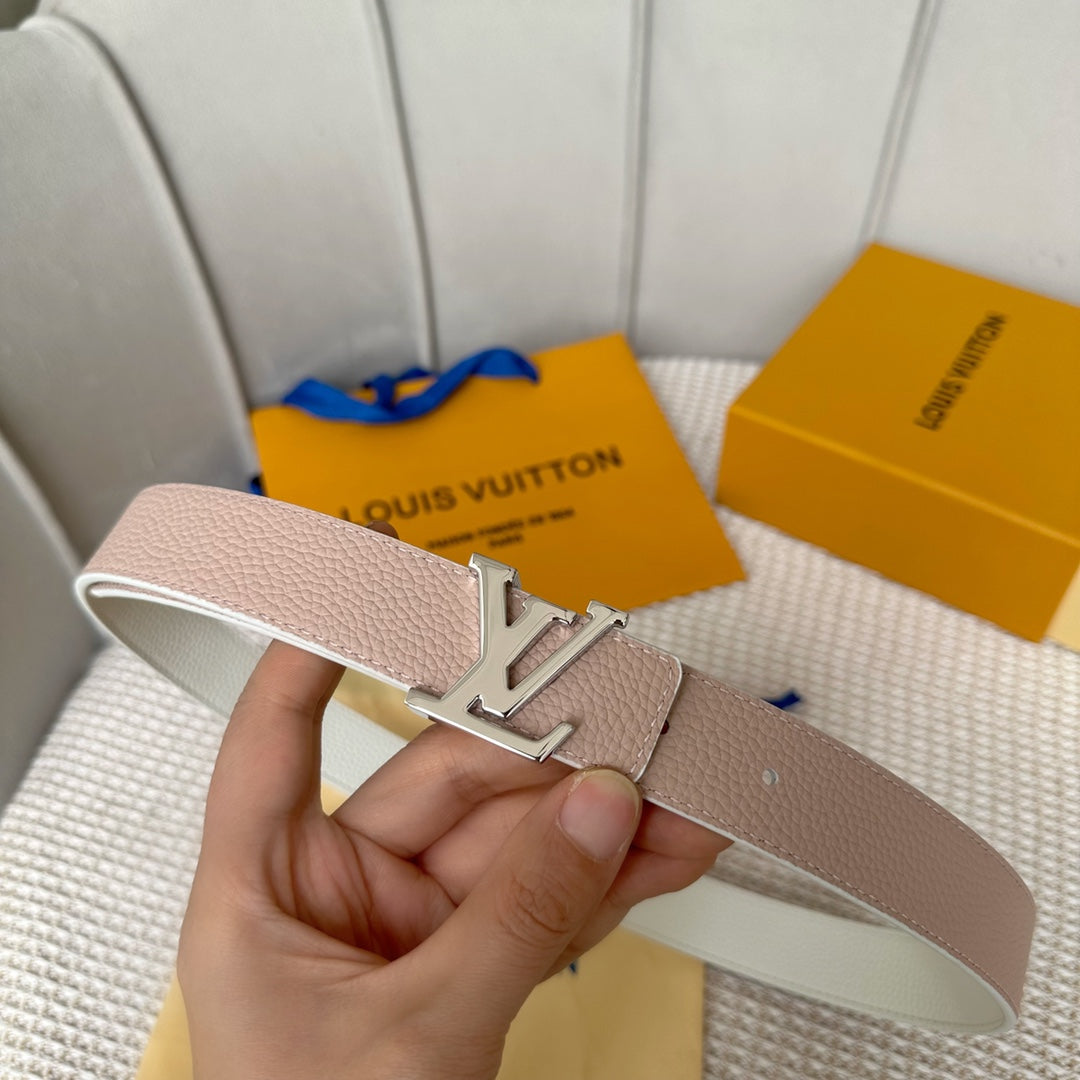 LV Initiales 30mm Reversible Belt Silver Buckle Pink White Leather
