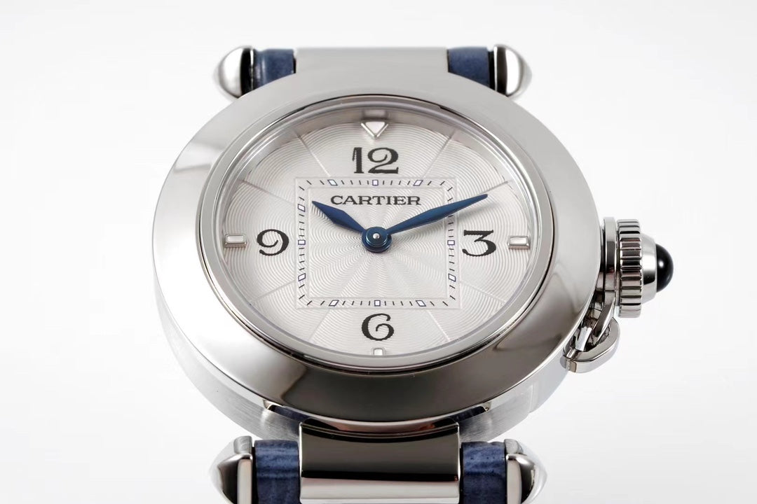 pasha 30mm quartz stainless steel white dial cloud blue leather