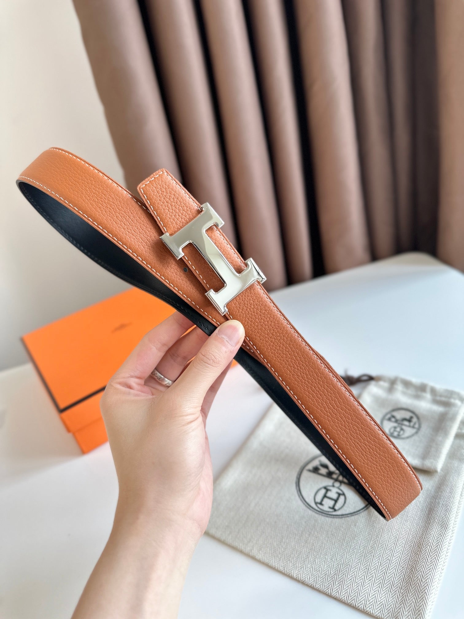 HM Silver H Buckle & Reversible 32mm Belt Brown mix Black leather 124655