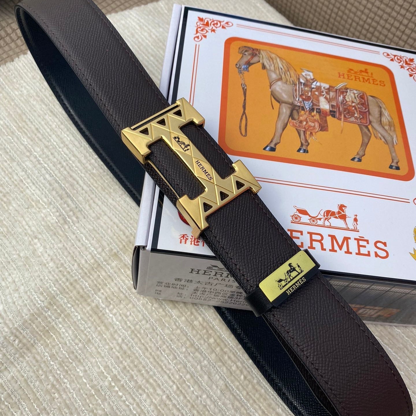 HM Belt 38mm Chocolate Black Cowhide Leather Gold Buckle 619065