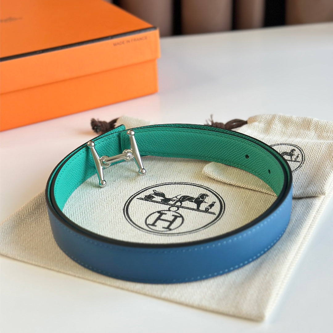 HM Silver Mors H buckle & Reversible 24 mm belt Blue Green leather 125358