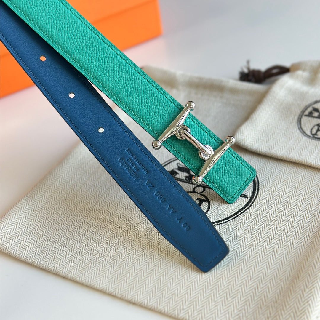 HM Silver Mors H buckle & Reversible 24 mm belt Blue Green leather 125358