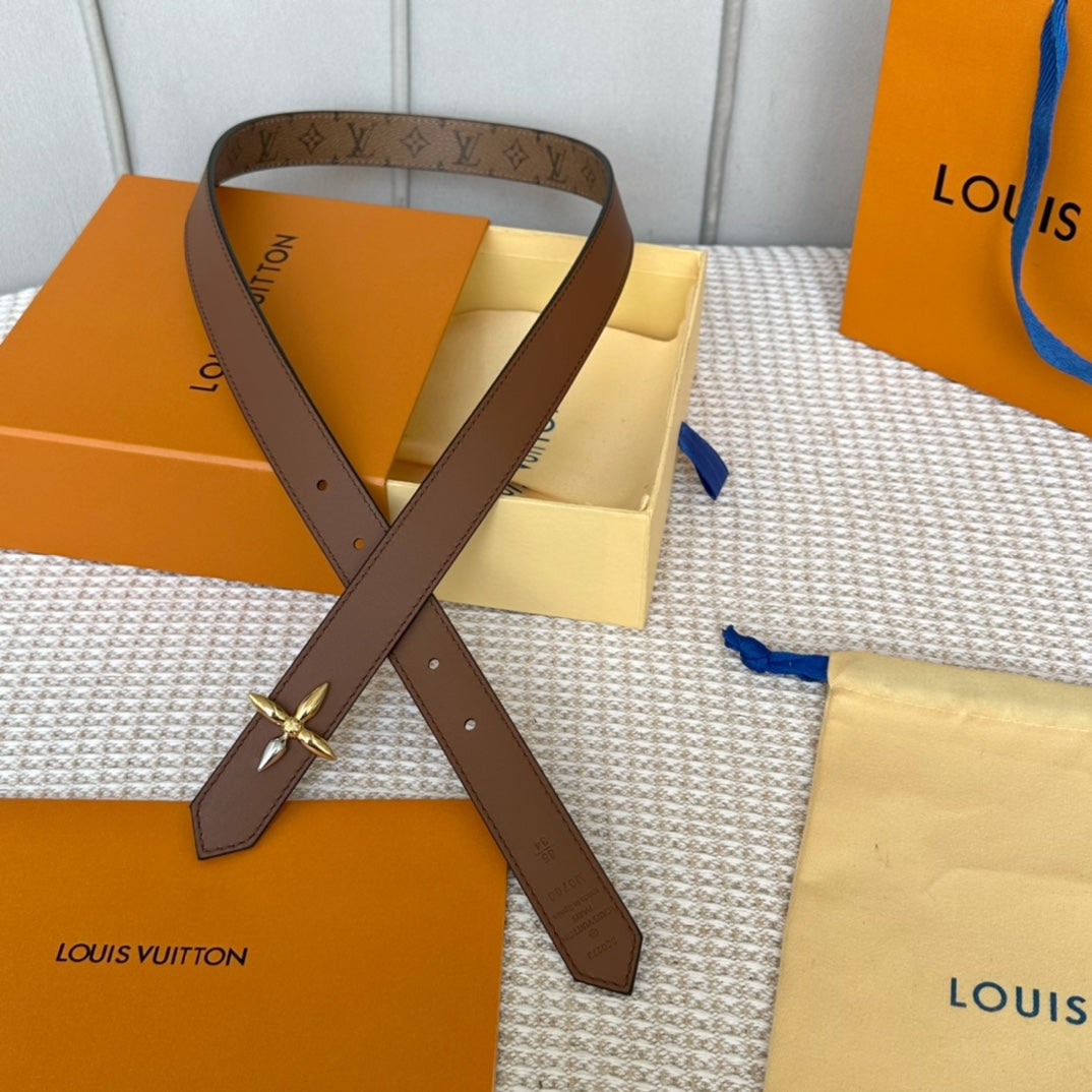 LV FLOWERGRAM 25 MM REVERSIBLE BELT IN BROWN MONOGRAM CALFSKIN GOLD MIX SILVER HARDWARE