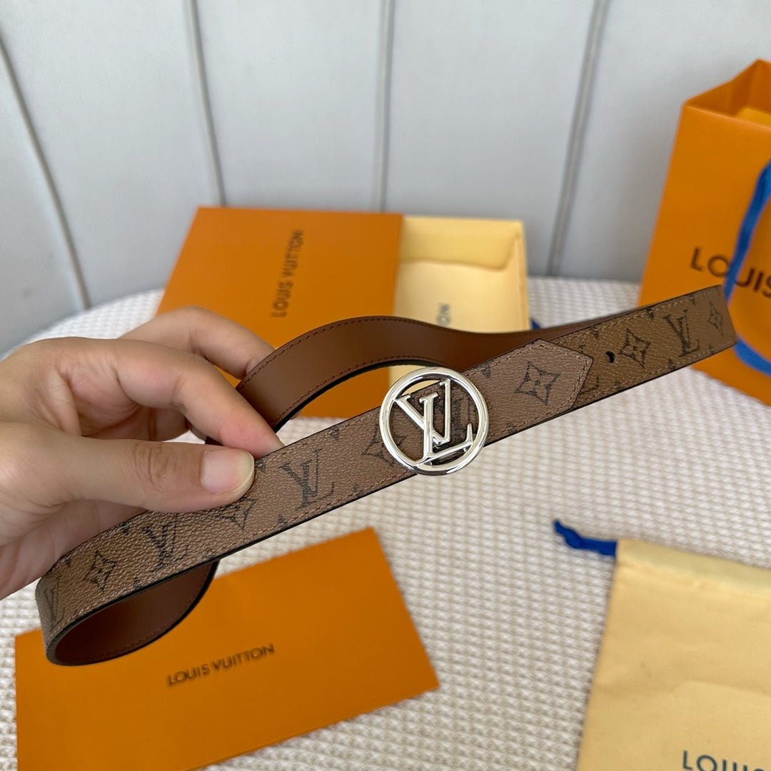 LV CIRCLE 25MM REVERSIBLE BELT MEDIUM BROWN MONOGRAM CALFSKIN SILVER HARDWARE